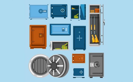 Armored solid metal safes with secure mechanic locks of rectangular and round shapes full of money piles and dangerous guns isolated cartoon flat vector illustrations set on white background.